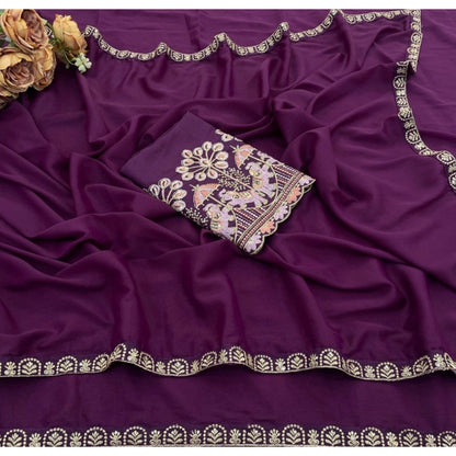 Generic Women's Art Silk Embroidered Saree With Unstitched Blouse 5.5Mtr (Purple)