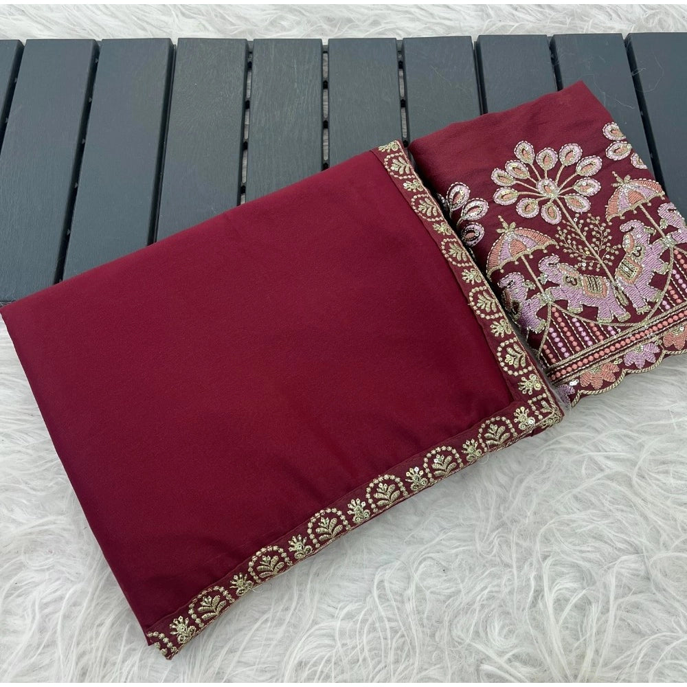 Generic Women's Art Silk Embroidered Saree With Unstitched Blouse 5.5Mtr (Maroon)