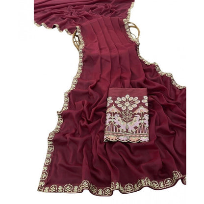 Generic Women's Art Silk Embroidered Saree With Unstitched Blouse 5.5Mtr (Maroon)