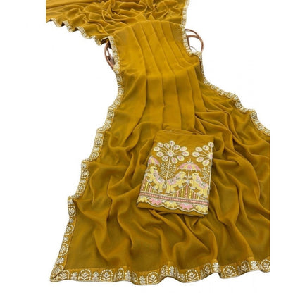 Generic Women's Art Silk Embroidered Saree With Unstitched Blouse 5.5Mtr (Yellow)