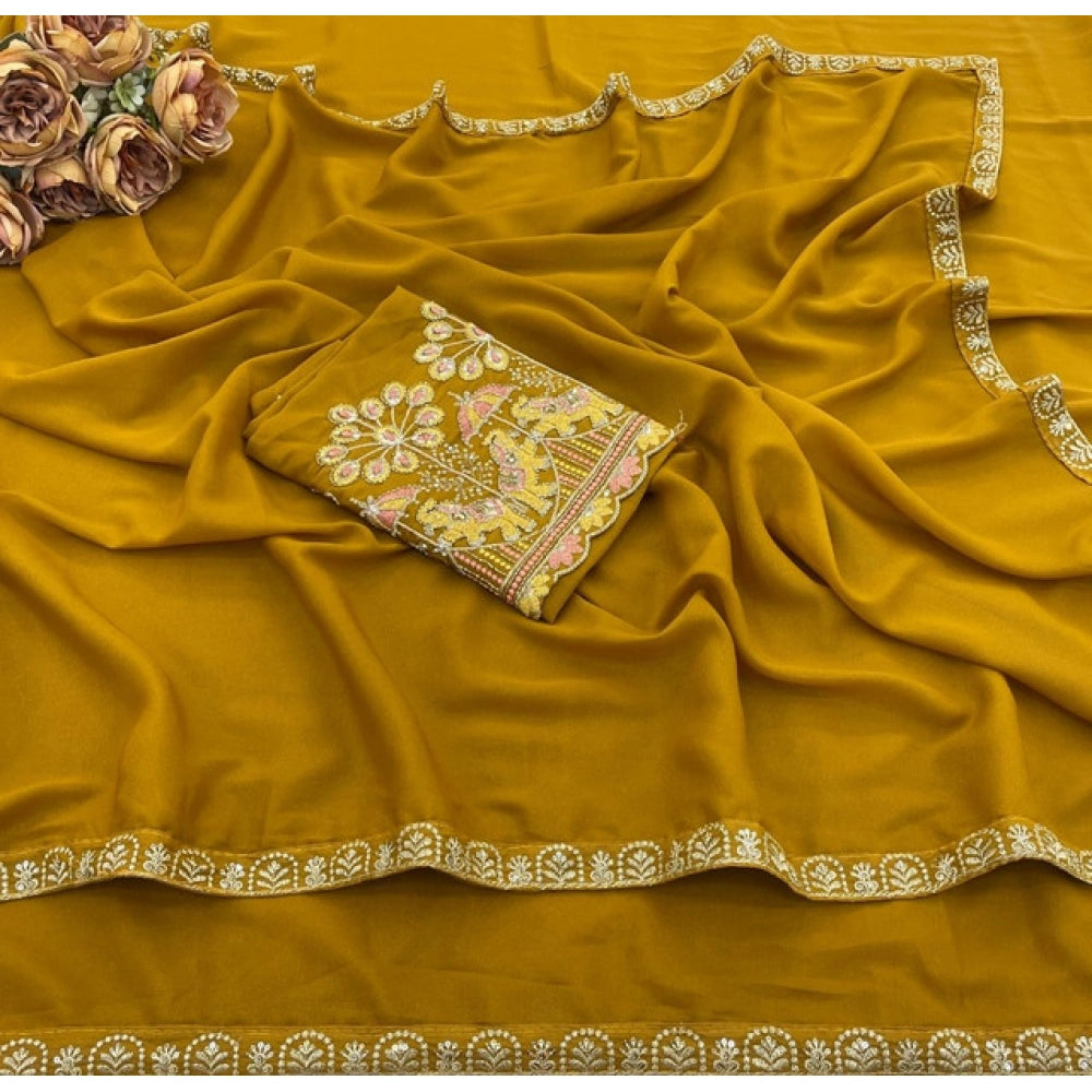 Generic Women's Art Silk Embroidered Saree With Unstitched Blouse 5.5Mtr (Yellow)