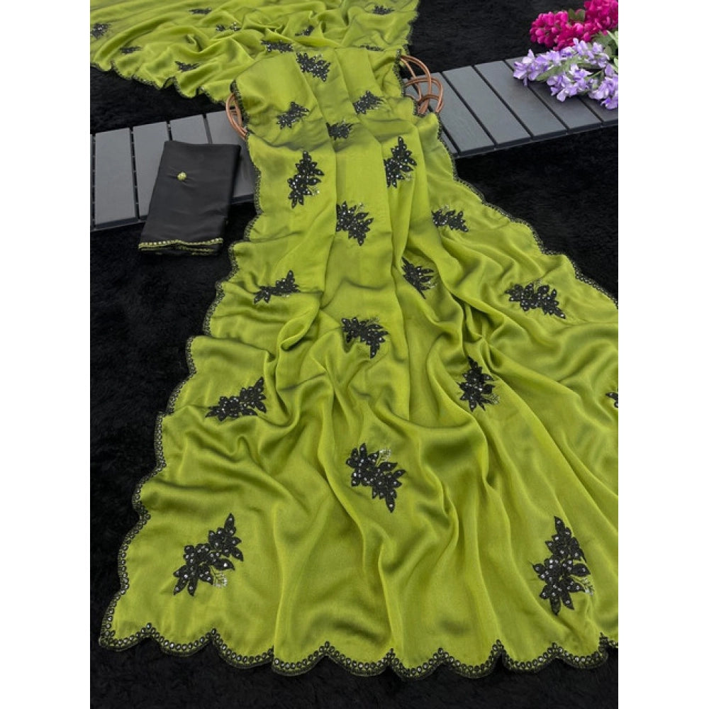 Generic Women's Viscose Silk Embroidered Saree With Unstitched Blouse 5.5Mtr (Green)
