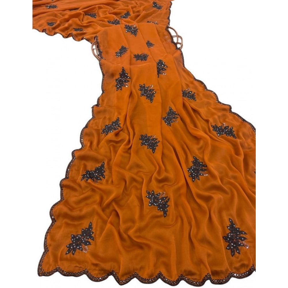 Generic Women's Viscose Silk Embroidered Saree With Unstitched Blouse 5.5Mtr (Orange)