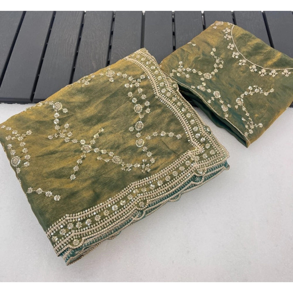 Generic Women's Silk Embellished Saree With Unstitched Blouse 5.5Mtr (Green)