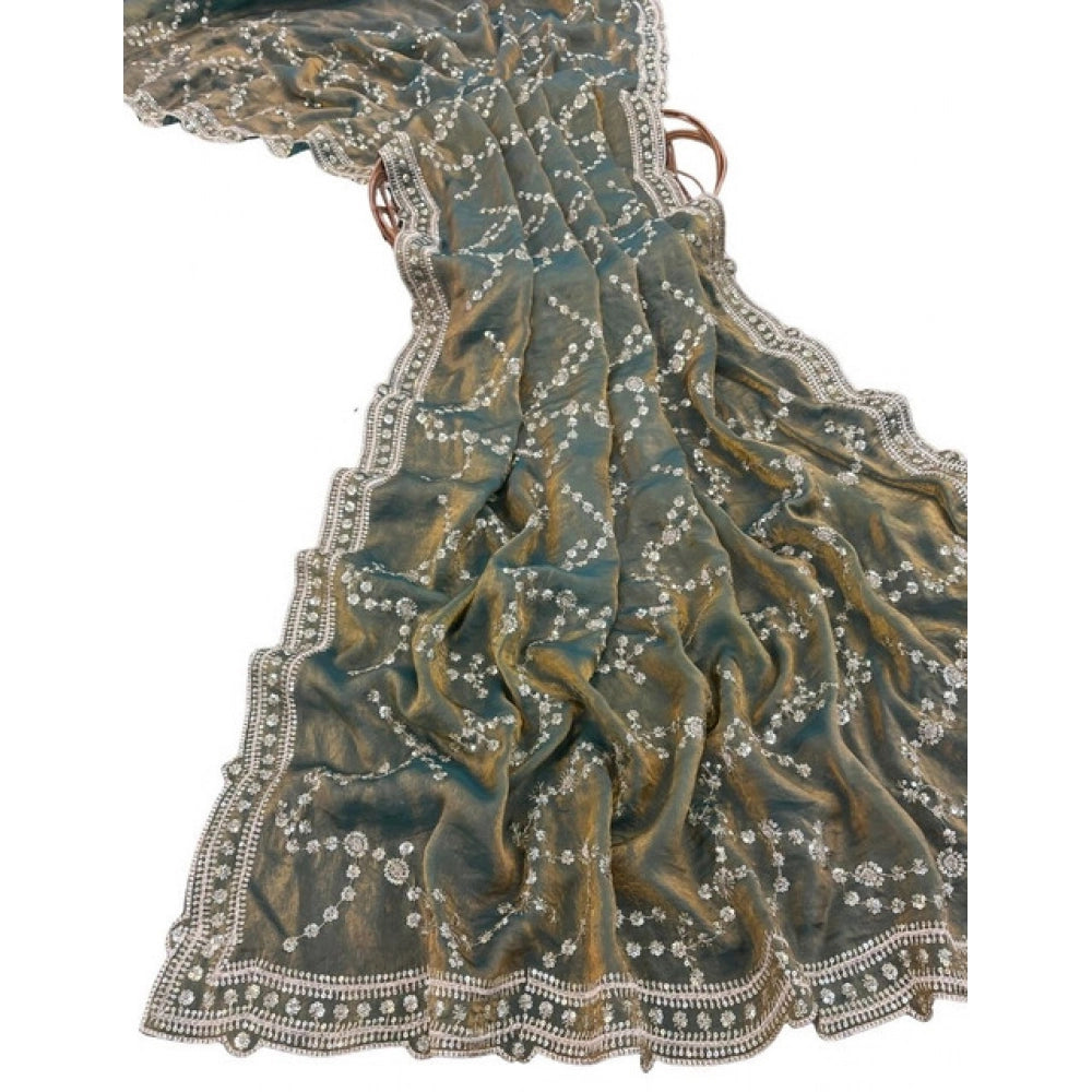 Generic Women's Silk Embellished Saree With Unstitched Blouse 5.5Mtr (Green)