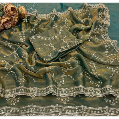 Generic Women's Silk Embellished Saree With Unstitched Blouse 5.5Mtr (Green)