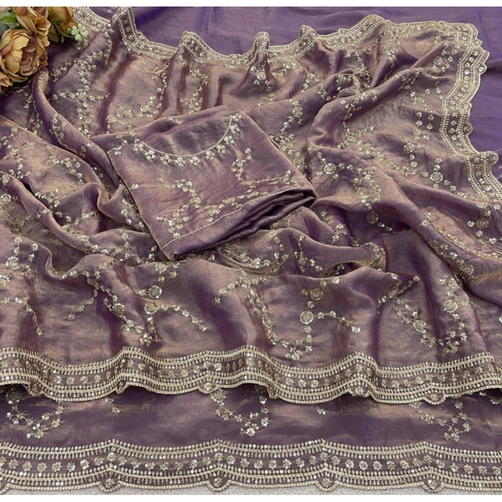 Generic Women's Silk Embellished Saree With Unstitched Blouse 5.5Mtr (Lavender)