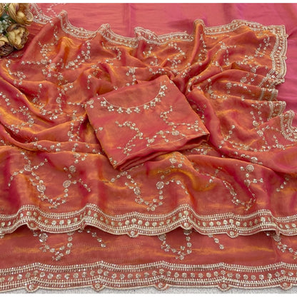 Generic Women's Silk Embellished Saree With Unstitched Blouse 5.5Mtr (Orange)