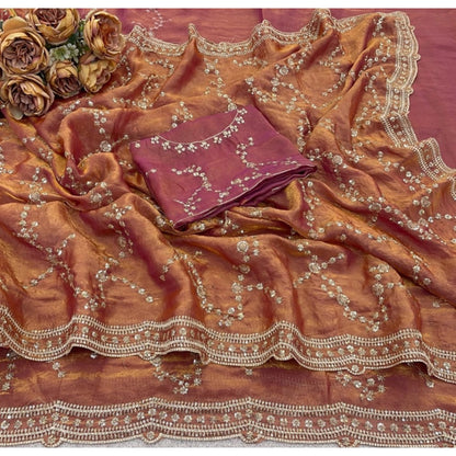 Generic Women's Silk Embellished Saree With Unstitched Blouse 5.5Mtr (Peach)
