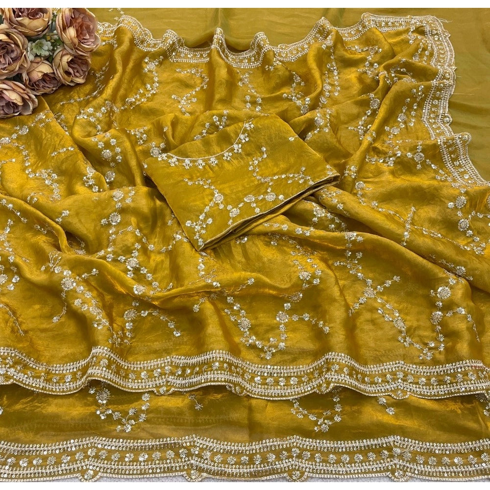 Generic Women's Silk Embellished Saree With Unstitched Blouse 5.5Mtr (Mustard-Yellow)