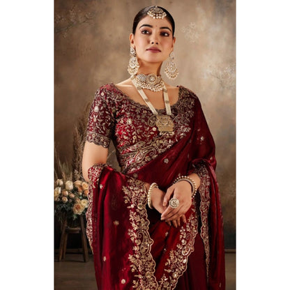 Generic Women's Silk Embroidered Saree With Unstitched Blouse 5.5Mtr (Maroon)
