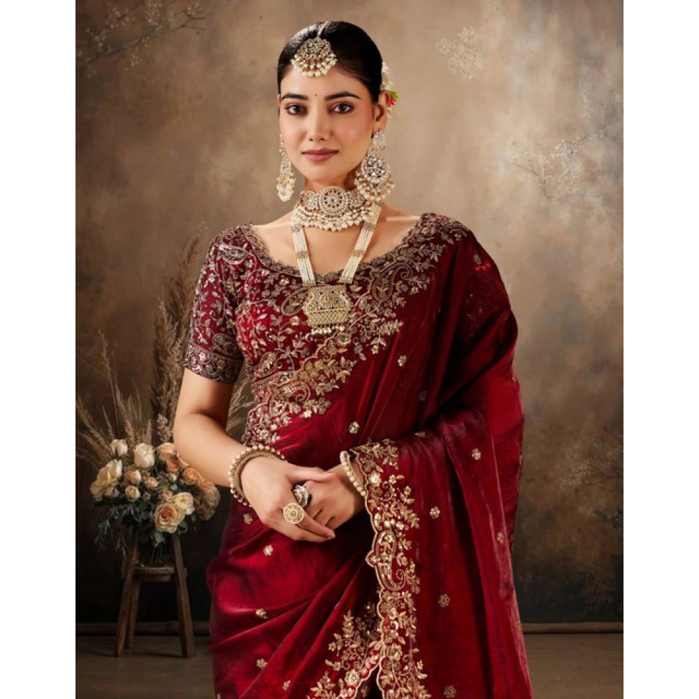 Generic Women's Silk Embroidered Saree With Unstitched Blouse 5.5Mtr (Maroon)