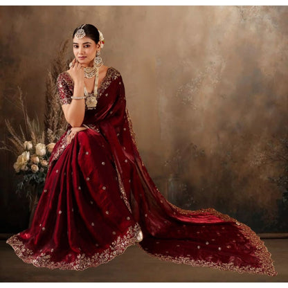 Generic Women's Silk Embroidered Saree With Unstitched Blouse 5.5Mtr (Maroon)