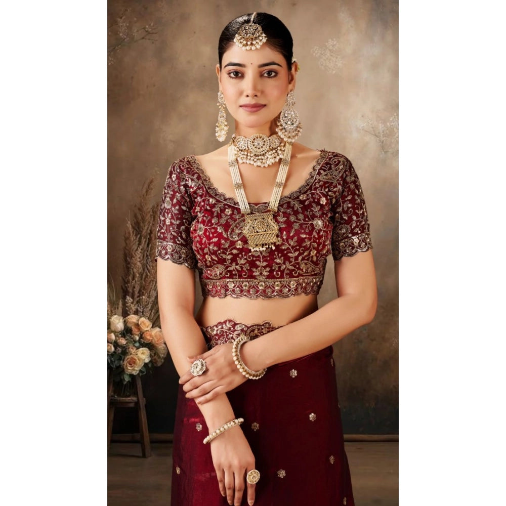 Generic Women's Silk Embroidered Saree With Unstitched Blouse 5.5Mtr (Maroon)