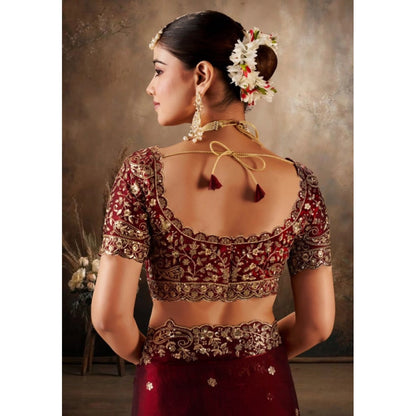 Generic Women's Silk Embroidered Saree With Unstitched Blouse 5.5Mtr (Maroon)