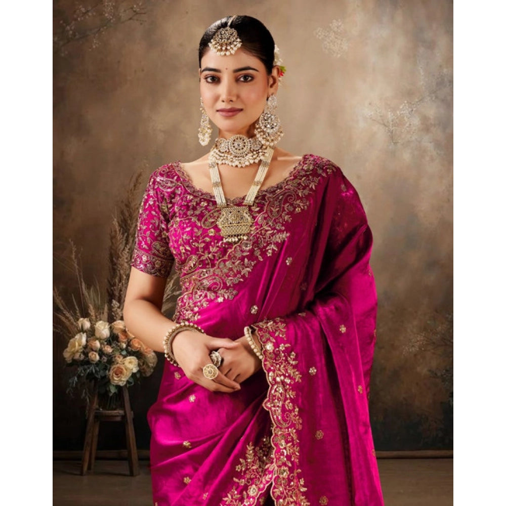 Generic Women's Silk Embroidered Saree With Unstitched Blouse 5.5Mtr (Pink)