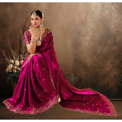 Generic Women's Silk Embroidered Saree With Unstitched Blouse 5.5Mtr (Pink)