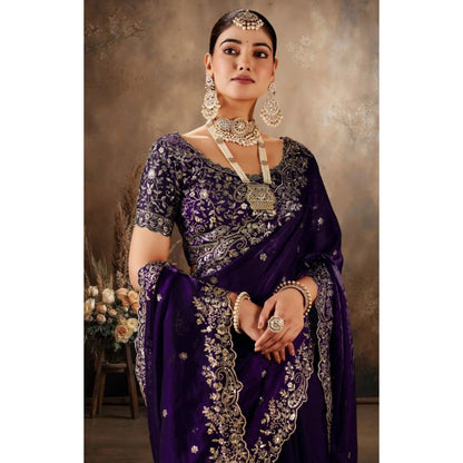 Generic Women's Silk Embroidered Saree With Unstitched Blouse 5.5Mtr (Purple)