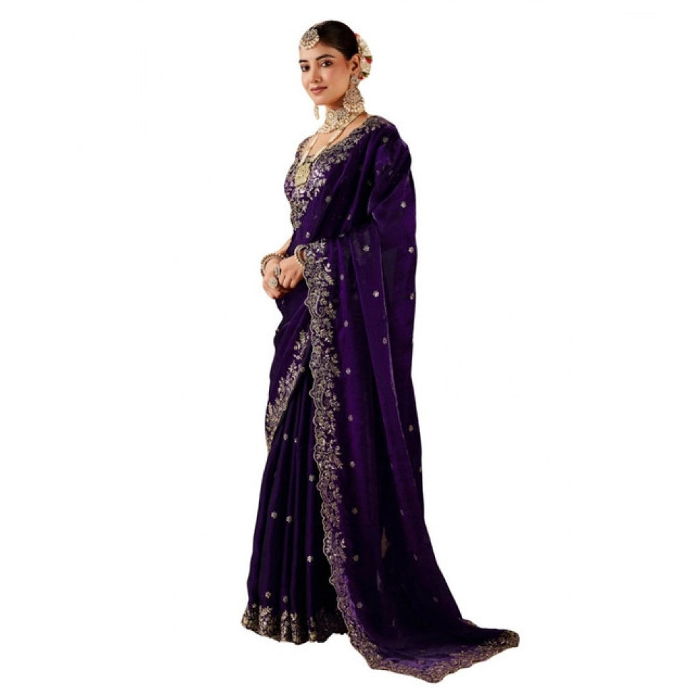 Generic Women's Silk Embroidered Saree With Unstitched Blouse 5.5Mtr (Purple)
