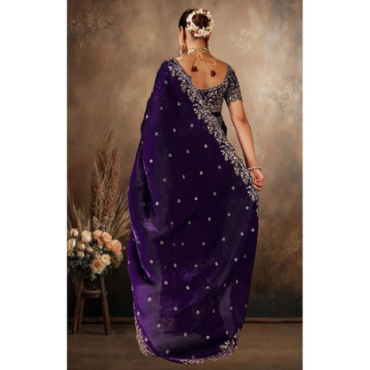 Generic Women's Silk Embroidered Saree With Unstitched Blouse 5.5Mtr (Purple)