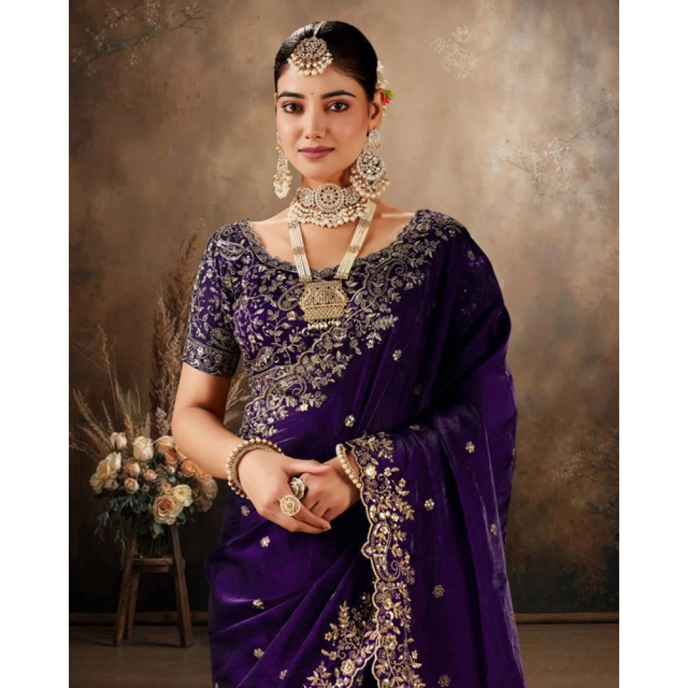 Generic Women's Silk Embroidered Saree With Unstitched Blouse 5.5Mtr (Purple)