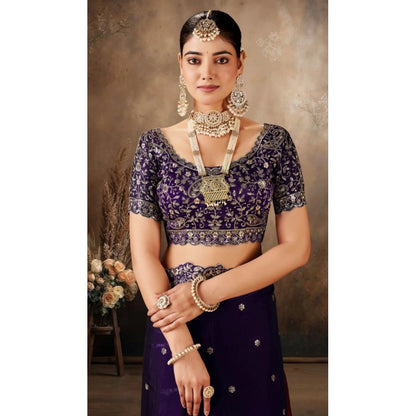 Generic Women's Silk Embroidered Saree With Unstitched Blouse 5.5Mtr (Purple)