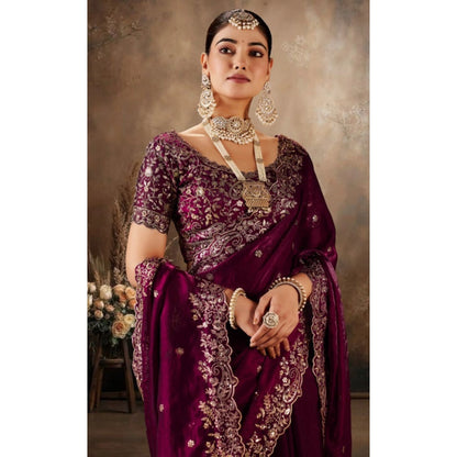 Generic Women's Silk Embroidered Saree With Unstitched Blouse 5.5Mtr (Wine)