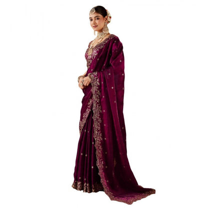 Generic Women's Silk Embroidered Saree With Unstitched Blouse 5.5Mtr (Wine)