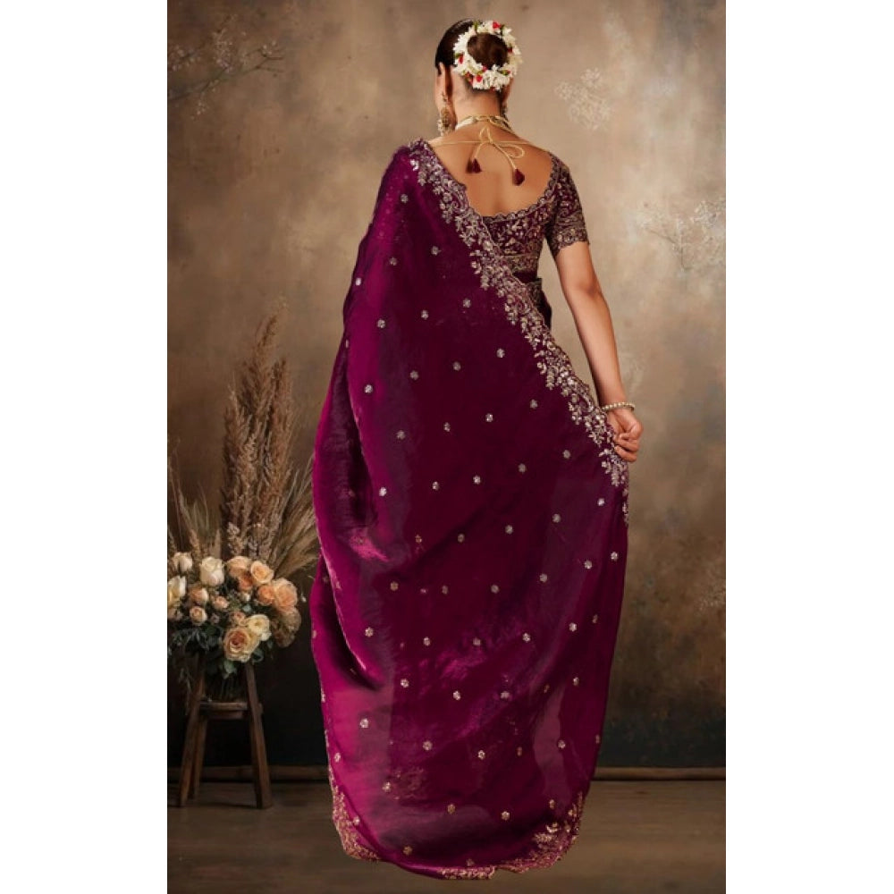 Generic Women's Silk Embroidered Saree With Unstitched Blouse 5.5Mtr (Wine)
