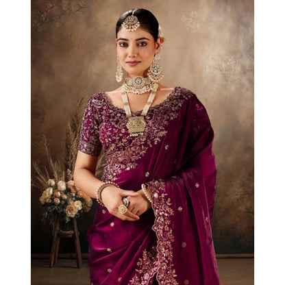 Generic Women's Silk Embroidered Saree With Unstitched Blouse 5.5Mtr (Wine)
