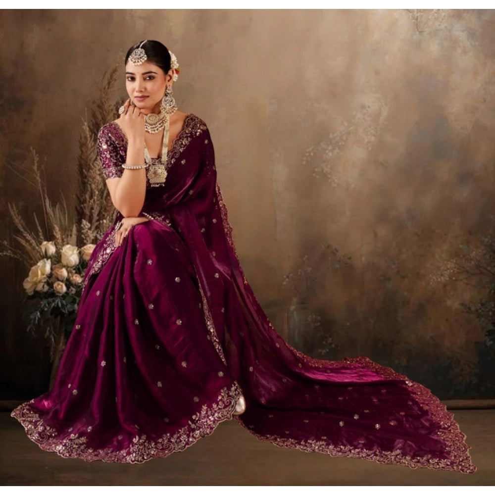 Generic Women's Silk Embroidered Saree With Unstitched Blouse 5.5Mtr (Wine)