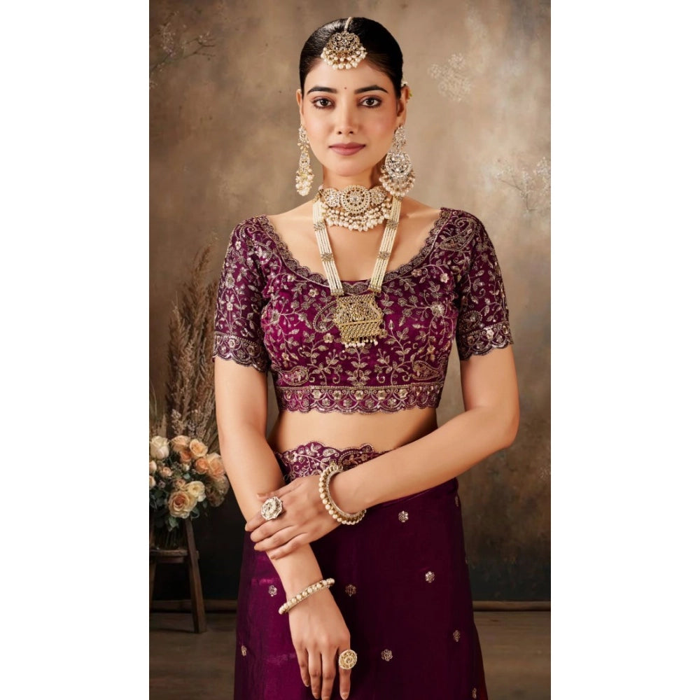 Generic Women's Silk Embroidered Saree With Unstitched Blouse 5.5Mtr (Wine)