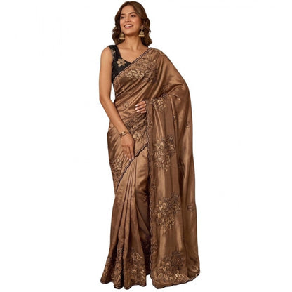 Generic Women's Viscose Silk Embroidered Saree With Unstitched Blouse 5.5Mtr (Brown)
