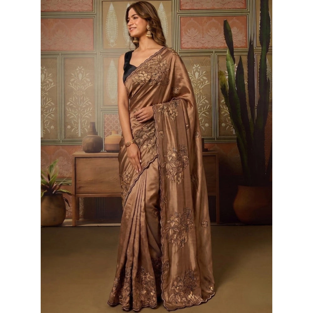 Generic Women's Viscose Silk Embroidered Saree With Unstitched Blouse 5.5Mtr (Brown)