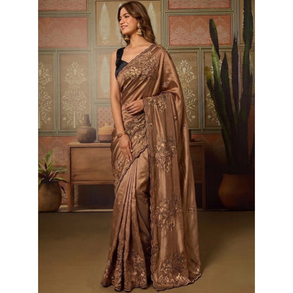 Generic Women's Viscose Silk Embroidered Saree With Unstitched Blouse 5.5Mtr (Brown)