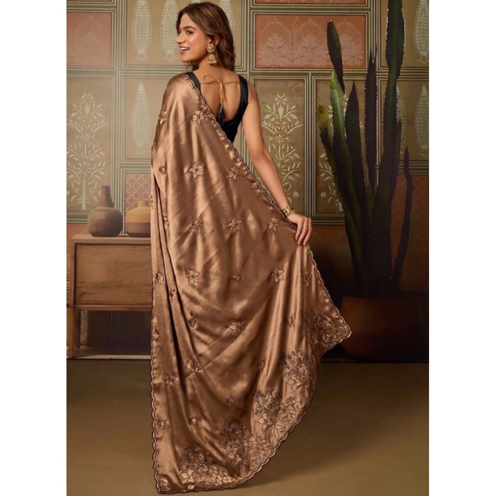 Generic Women's Viscose Silk Embroidered Saree With Unstitched Blouse 5.5Mtr (Brown)