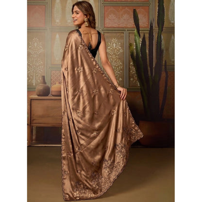 Generic Women's Viscose Silk Embroidered Saree With Unstitched Blouse 5.5Mtr (Brown)