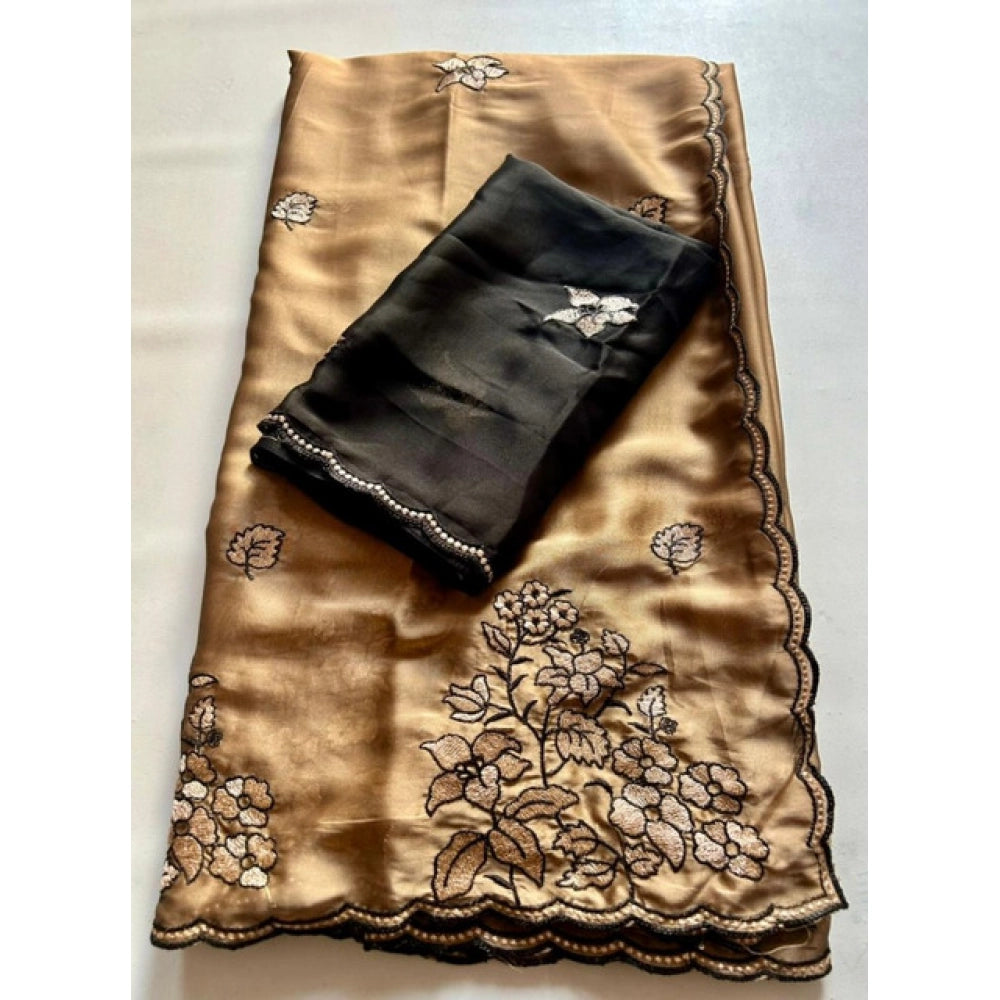 Generic Women's Viscose Silk Embroidered Saree With Unstitched Blouse 5.5Mtr (Brown)