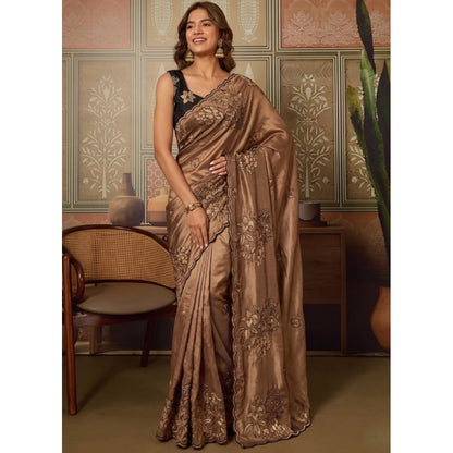 Generic Women's Viscose Silk Embroidered Saree With Unstitched Blouse 5.5Mtr (Brown)