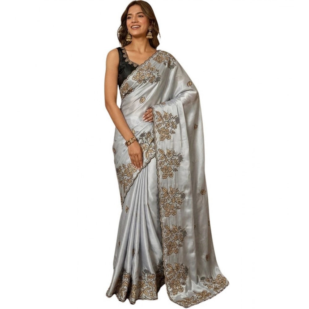 Generic Women's Viscose Silk Embroidered Saree With Unstitched Blouse 5.5Mtr (Grey)