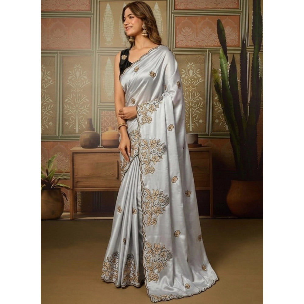 Generic Women's Viscose Silk Embroidered Saree With Unstitched Blouse 5.5Mtr (Grey)