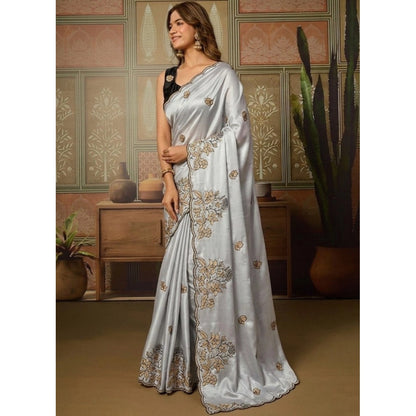 Generic Women's Viscose Silk Embroidered Saree With Unstitched Blouse 5.5Mtr (Grey)