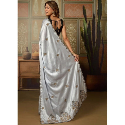Generic Women's Viscose Silk Embroidered Saree With Unstitched Blouse 5.5Mtr (Grey)
