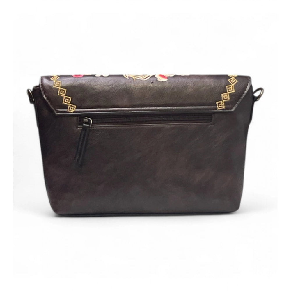 Generic Women's Polyurethane Floral Embroidered Crossbody Sling Bag with Adjustable &amp; Removable Strap (Coffee)