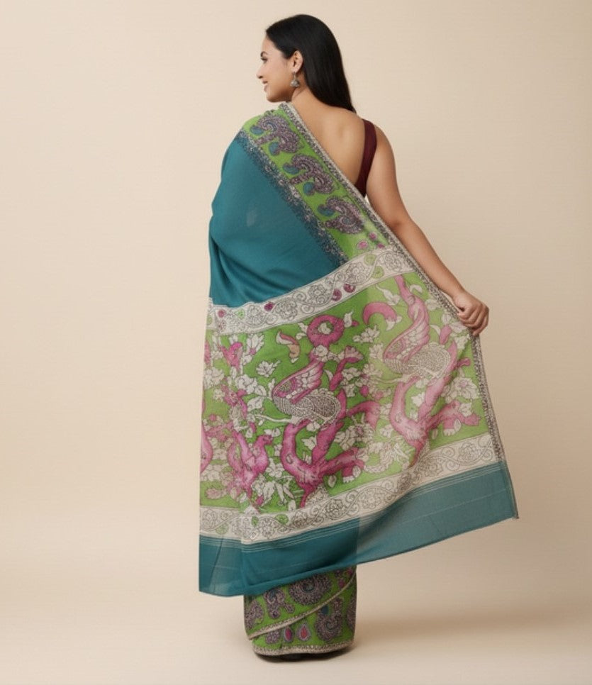 Generic Women's Linen Kalamkari Printed Saree With Unstitched Blouse - 5.5 Mtr (Teal)