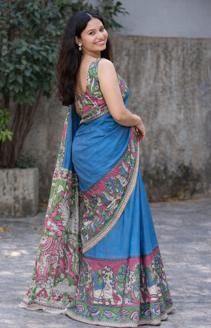 Generic Women's Linen Kalamkari Printed Saree With Unstitched Blouse - 5.5 Mtr (Blue)