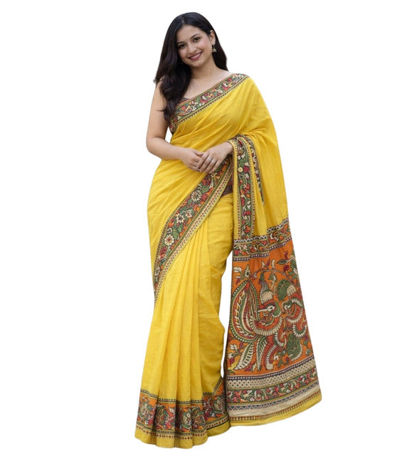 Generic Women's Linen Kalamkari Printed Saree With Unstitched Blouse - 5.5 Mtr (Yellow)