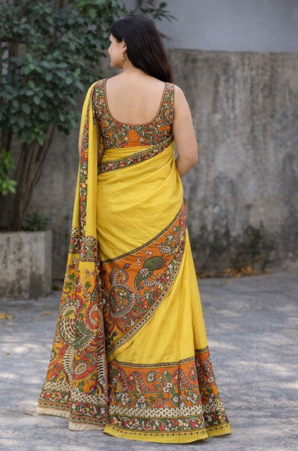 Generic Women's Linen Kalamkari Printed Saree With Unstitched Blouse - 5.5 Mtr (Yellow)