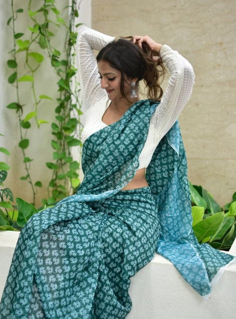 Generic Women's Linen Floral Printed Saree With Unstitched Blouse - 5.5 Mtr (Teal Green)