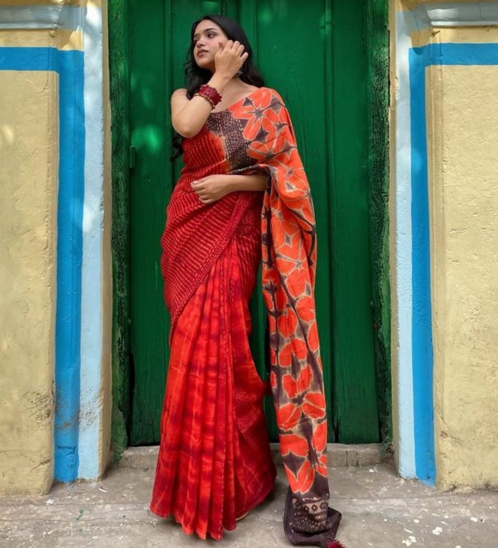 Generic Women's Linen Floral Printed Saree With Unstitched Blouse - 5.5 Mtr (Red-Orange)